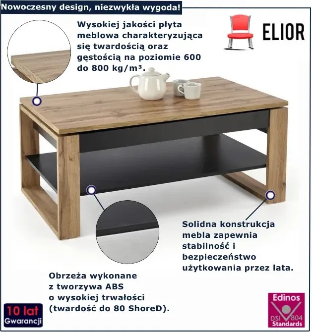 Ława prostokątna z podnoszonym blatem dąb artisan + czarny D8-N75