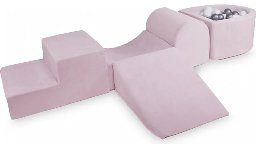 Piankowy zestaw do zabawy z suchym basenem 57x45x30cm/100 piłek 7cm, plac zabaw dla dziecka, 5 elementów, welurowy, jasnoróżowy, piłki: srebrne, białe, biała perła, transparentne - meowbaby®