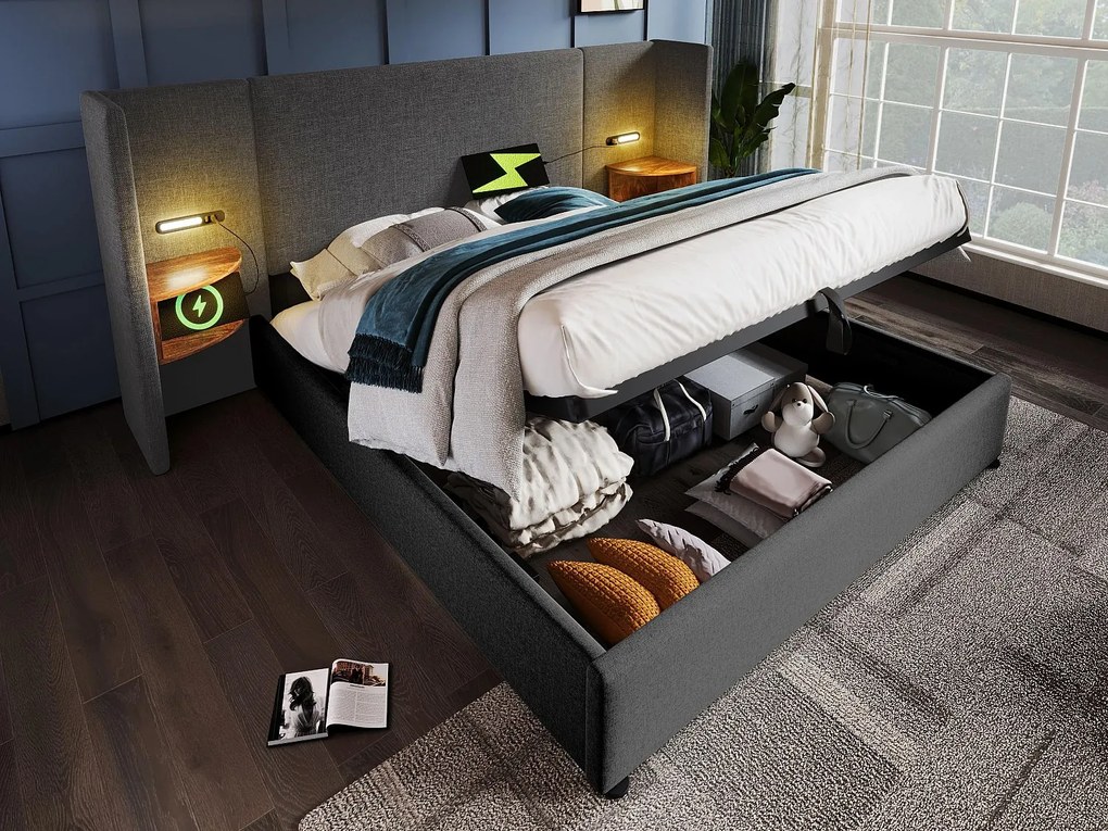 Łóżko 180x200cm z lnu - 2 stoliki nocne z lampką do czytania i funkcją ładowania - z stelażem na listwy - Szary