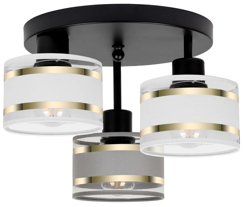 Lampa sufitowa czarna trzypunktowa z szaro-białymi abażurami T-3030SC-