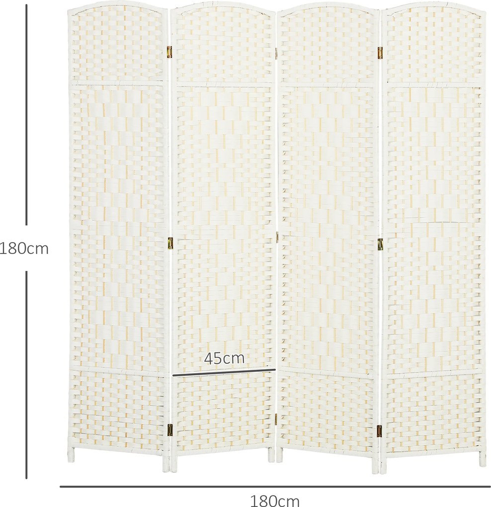 HOMCOM Parawan, 4-częściowa składana ścianka działowa, plecionka, drewno sosnowe, Biały