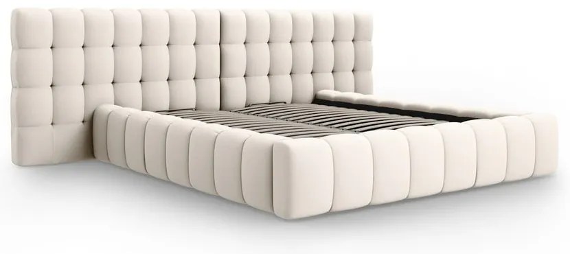 Kremowe tapicerowane łóżko dwuosobowe ze schowkiem i stelażem 200x200 cm Mamaia – Micadoni Home