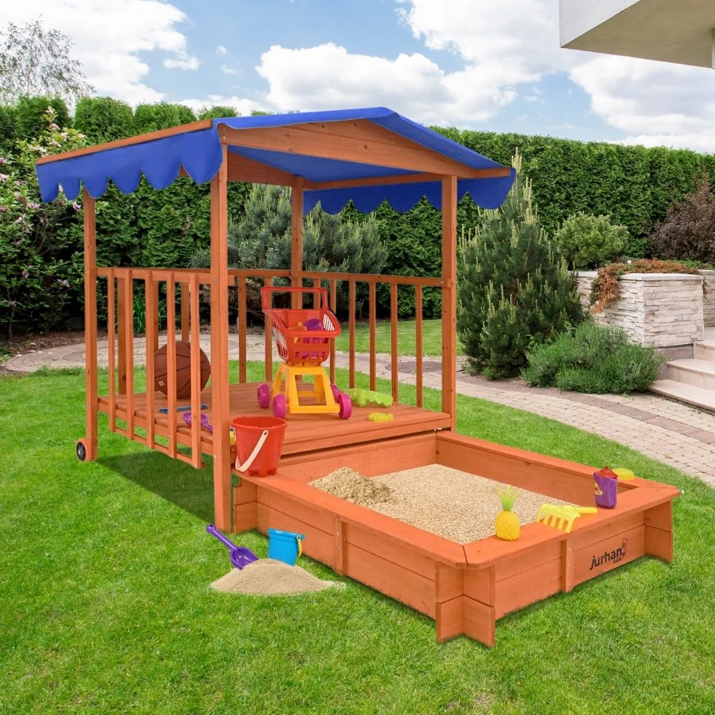 Piaskownica z werandą HAPPY, 130x130x143cm, brązowa/niebieska Jurhan