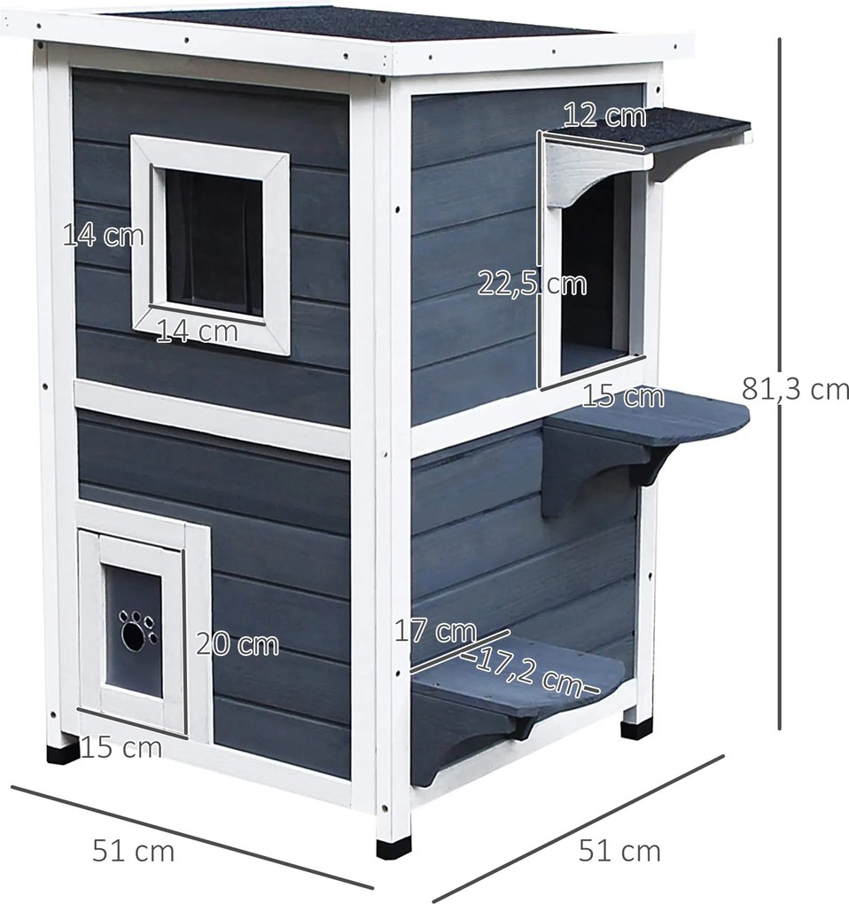 PawHut Elegancka Willa dla Kota z Drewna Sosnowego 2 Poziomy z Łatwym Dostępem i Oknami