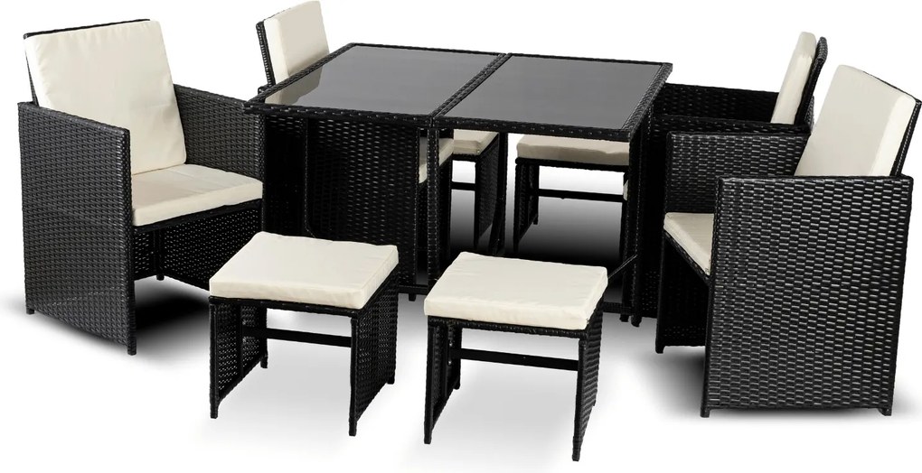 Zestaw mebli ogrodowych z fotelami i pufami Seaside, czarny technorattan, kremowe poduszki