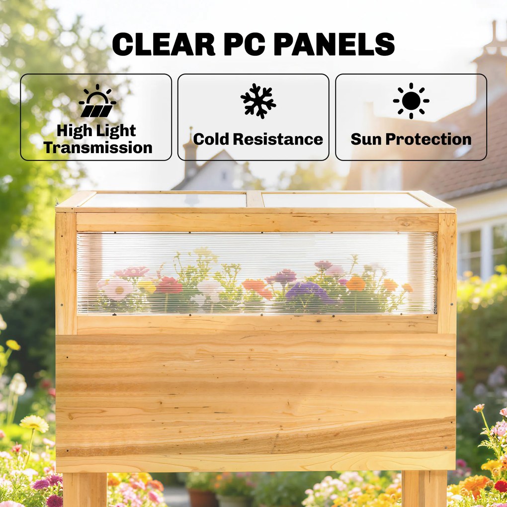 Outsunny Podwyższona grządka z inspektem z drewna, podwyższony doniczkowiec z otwieraną pokrywą, półką, włókniną, ergonomiczny | Aosom PL