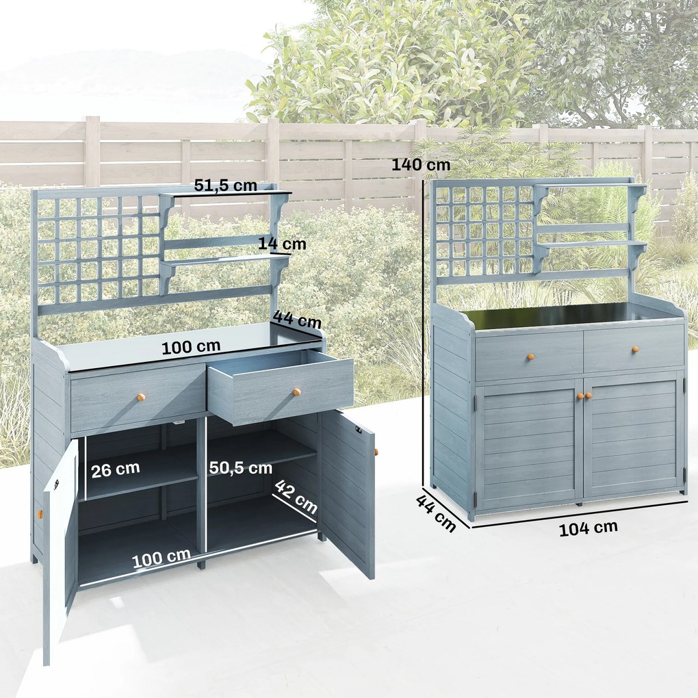 Outsunny Stół do sadzenia z szafką na zewnątrz, drewno, szafka ogrodowa z ocynkowaną powierzchnią roboczą, 2 szuflady, 104x44x140 cm jasnoszary | Aosom PL