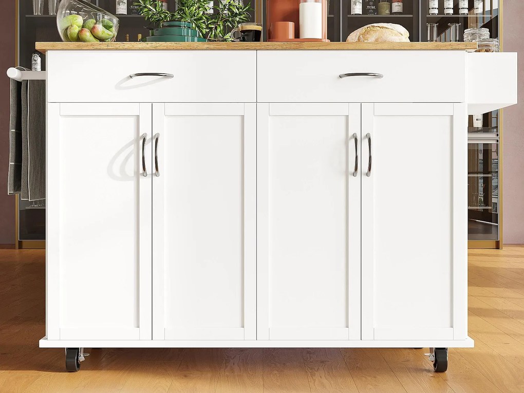 Wyspa kuchenna - wózek na kółkach z rozsuwanym blatem - 2 szuflady i 4 drzwi - Biały