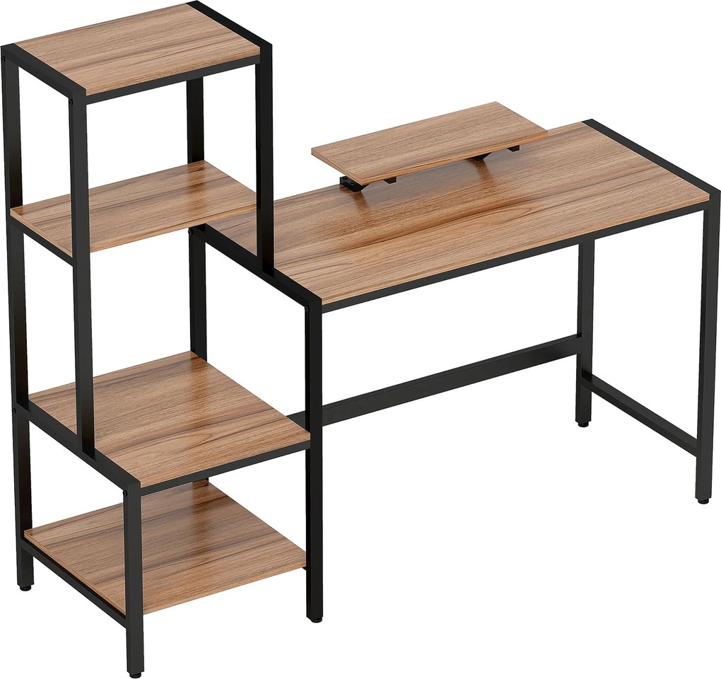 HOMCOM Biurko komputerowe z podwyższeniem monitora, 4-poziomowymi półkami, design industrialny, Brązowe