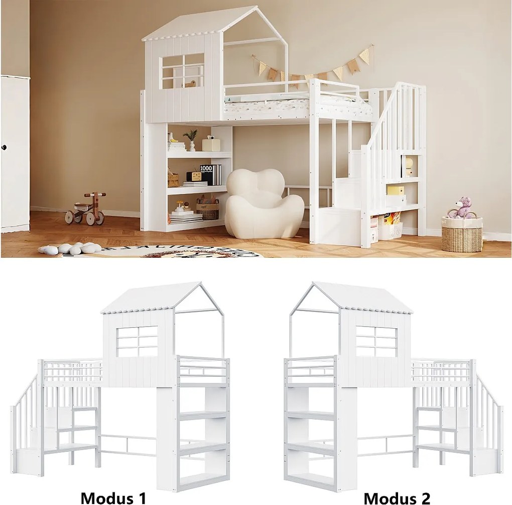 Metalowe łóżko piętrowe dla dzieci - 90 x 200 cm - styl domowy - z półką i drabinką - płyta MDF i metal - białe