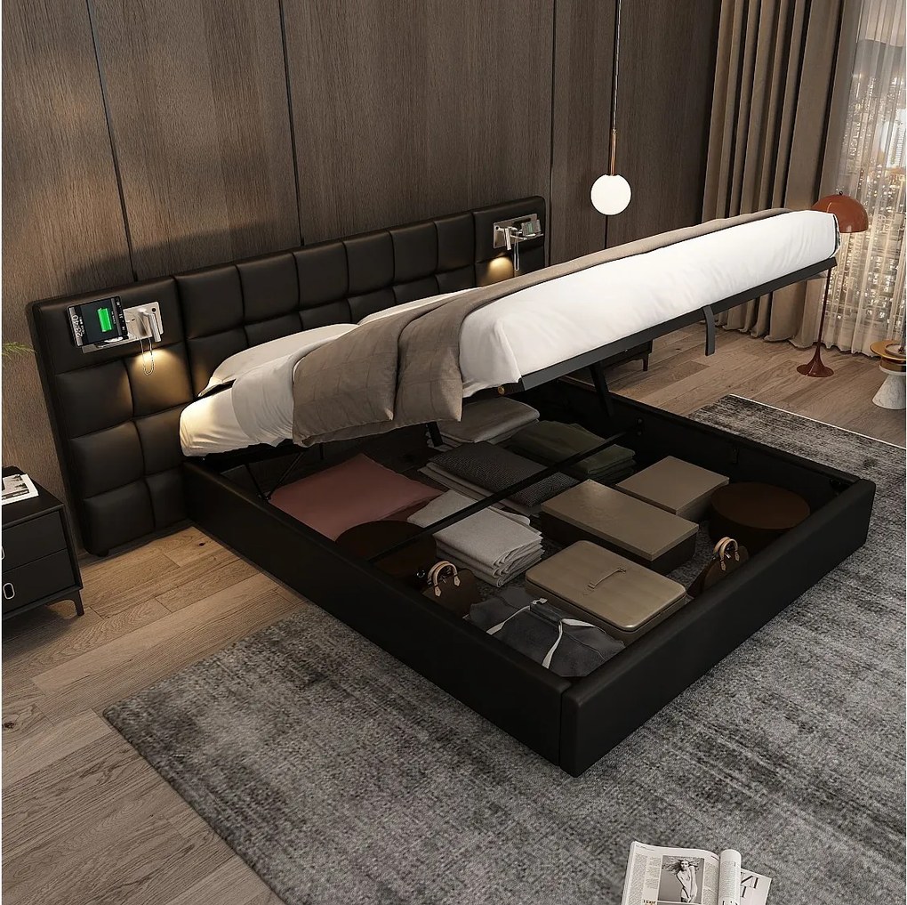 Łóżko z pojemnikiem 180 x 200 cm - z zagłówkiem, USB, stelażem - czarne - bez materaca