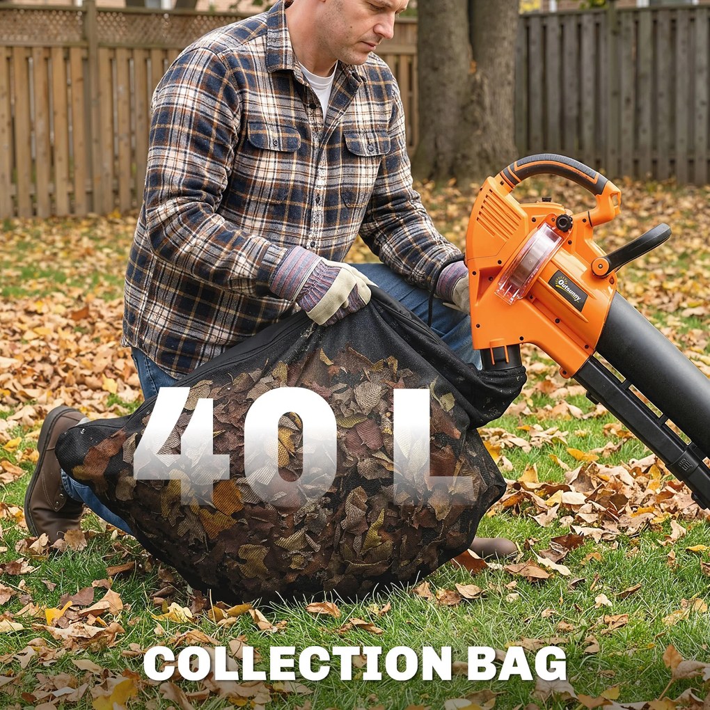 Outsunny Elektryczna dmuchawa i odkurzacz do liści 3000W 3 w 1 z workiem 40L, 4 kołami, regulowanym paskiem na ramię, pomarańczowy | Aosom PL