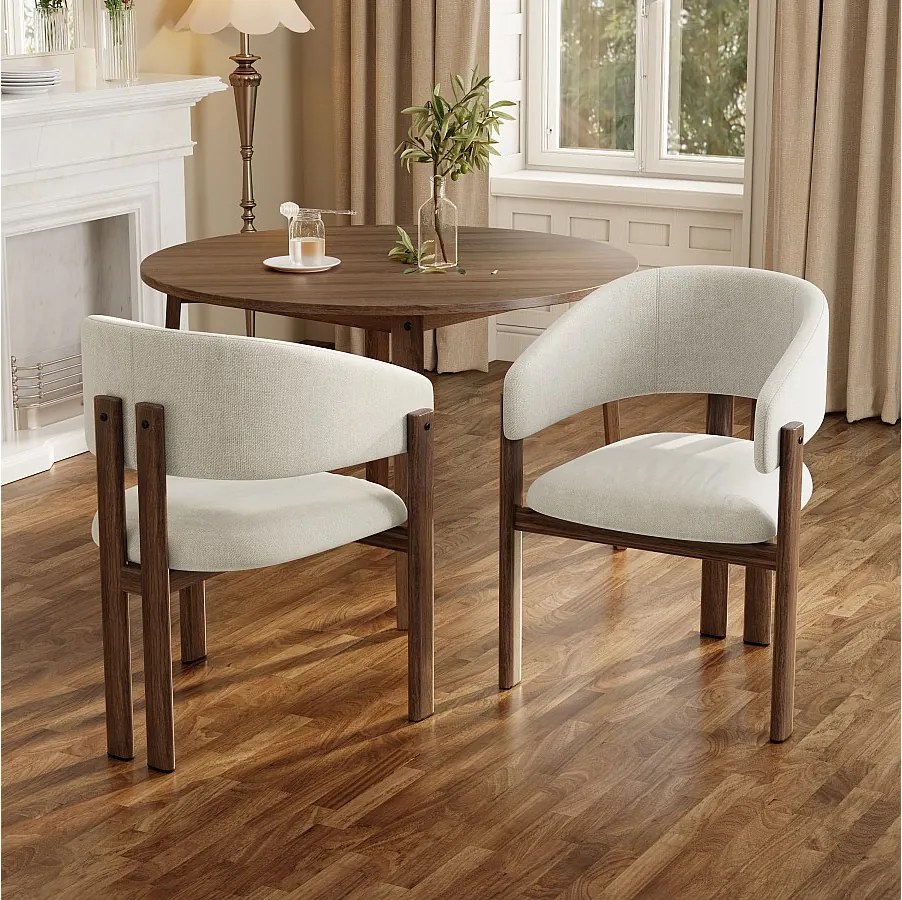 Zestaw 2 metalowych krzeseł do jadalni z wykończeniem imitującym drewno - 61,5 x 52,5 x 83 cm - styl nowoczesny - tapicerka lniana - beż + brąz