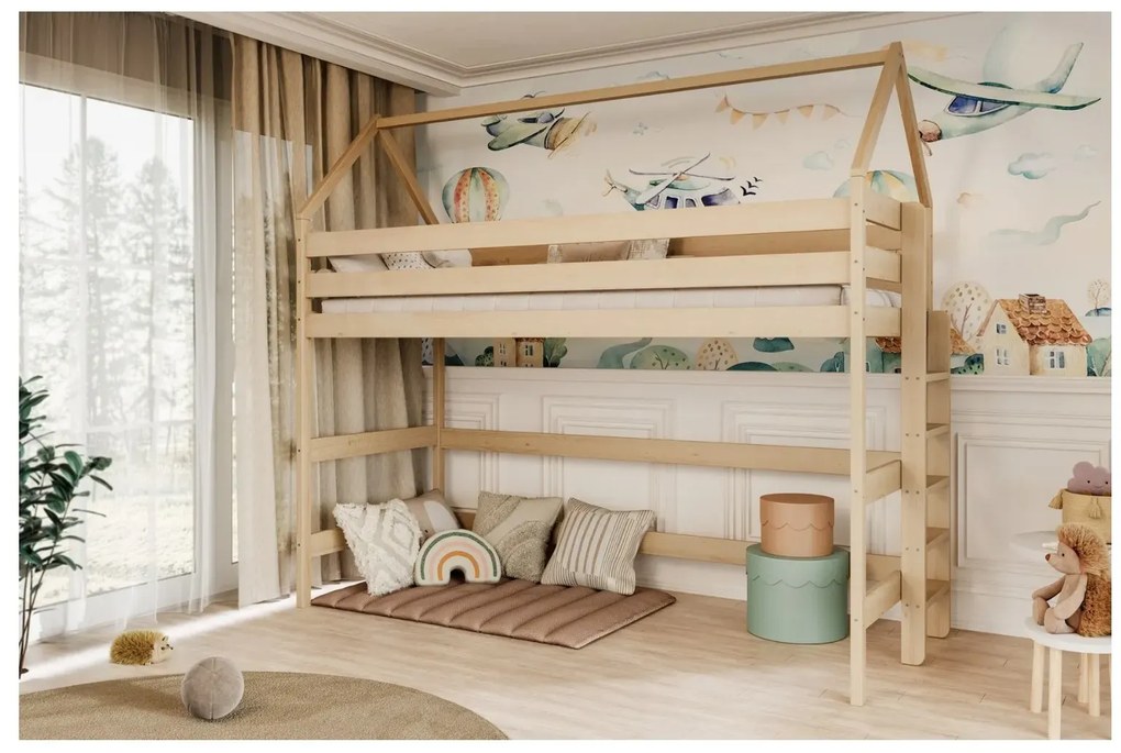 Łóżko domek na antresoli TOBI 1 180x80 sosna naturalna nielakierowana KOCOT KIDS