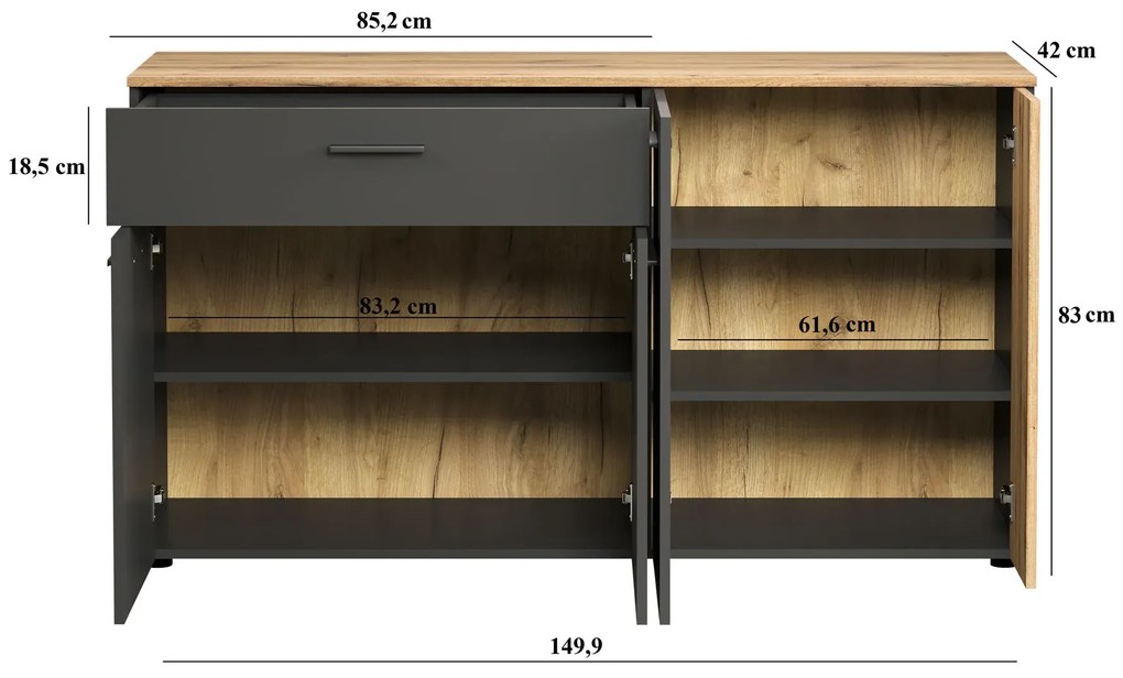 Duża komoda czterodrzwiowa grafit + dąb evok L2-L65