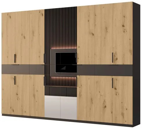 Duża szafa garderobiana z lustrem 360 x 240 cm – Czarna / Dąb Hamilton