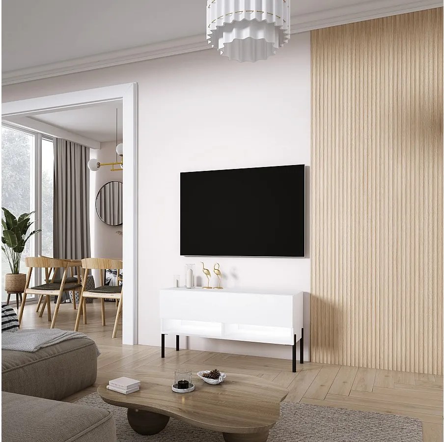 Szafka pod telewizor 100 cm Biały Mat, nóżki proste czarne, LED biały, 100 × 32 × 52 cm
