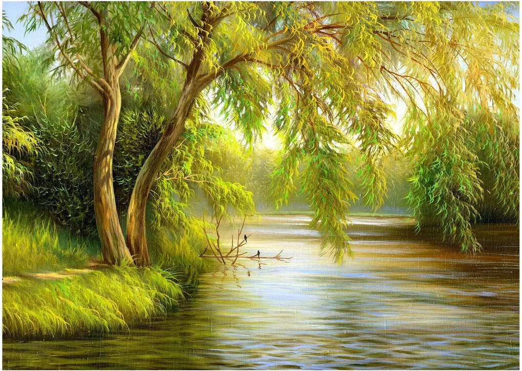 Obraz na szkle - Wierzba nad jeziorem, obraz olejny (70x50 cm)