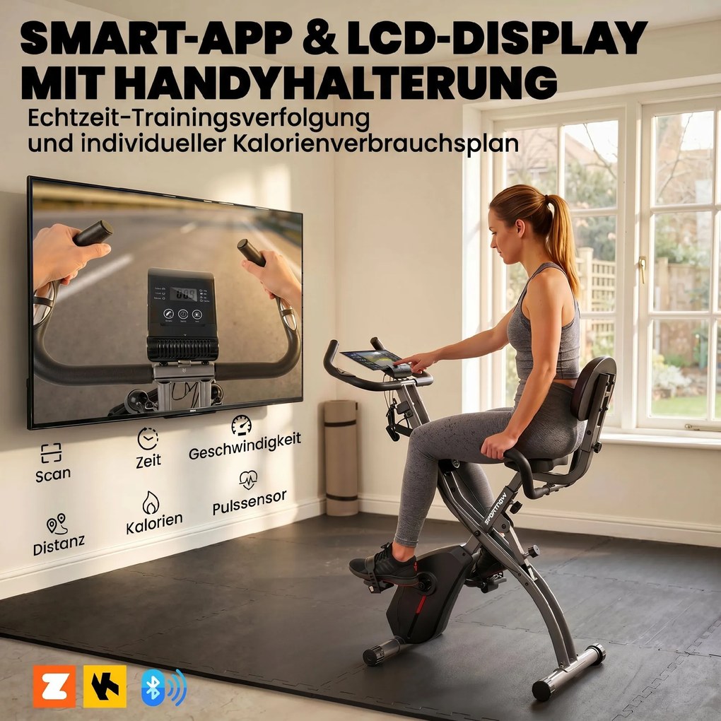 SPORTNOW Rower treningowy 3 w 1 Składany Cichy Leżący ergometr z monitorem LCD Bluetooth Czujnik tętna Taśmy oporowe | Aosom PL