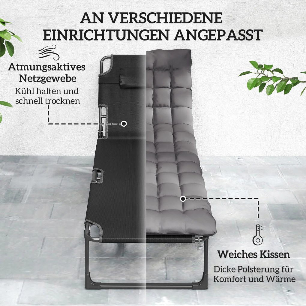 Outsunny Leżanka składana szeroka leżanka ogrodowa z 5-stopniowo regulowanym oparciem, wyściełaną matą, zagłówkiem, kieszenią boczną | Aosom PL