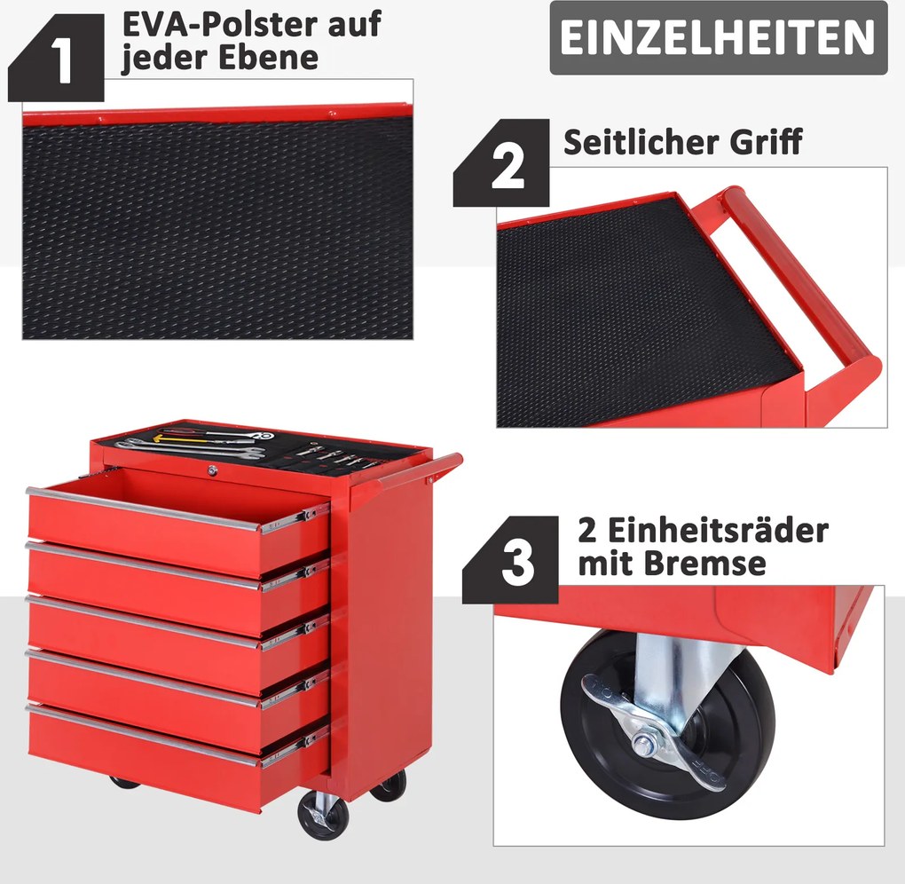 DURHAND Szafka na kółkach, Szafka narzędziowa do garażu, schowka, Stal, 69Dł x 33Szer x 75Wys cm, Czerwony