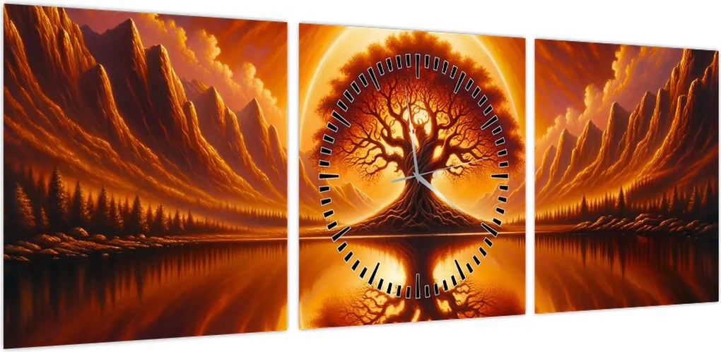 Obraz – Drzewo w krwawym słońcu (z zegarem) (90x30 cm)