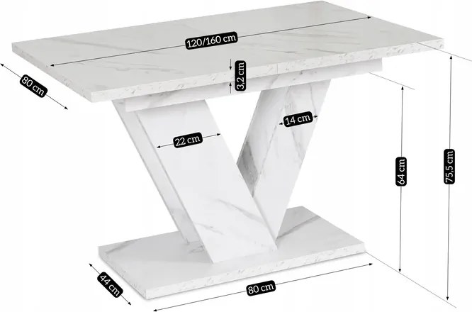 Stół Prostokątny Rozkładany CLARK 120-160 cm Biały Marmur Glamour