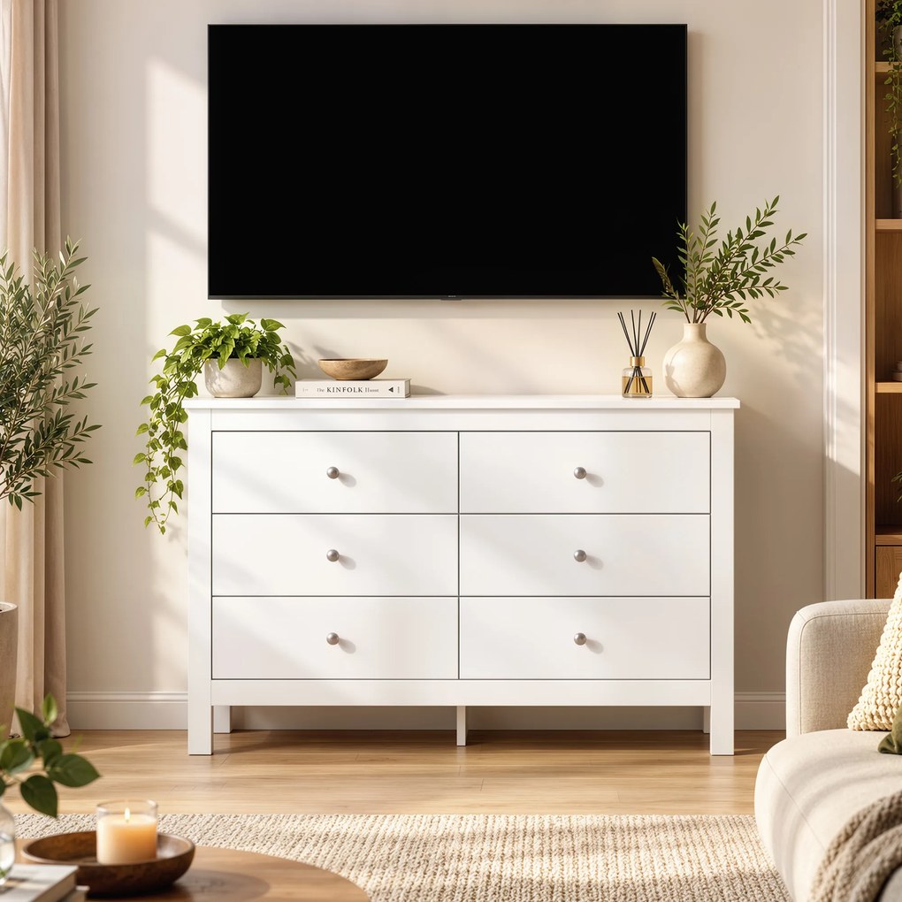 HOMCOM Komoda z 6 szufladami, sideboard z łatwojezdnymi prowadnicami do sypialni, salonu lub przedpokoju, 118 x 39,5 x 75,5 cm, biały | Aosom PL