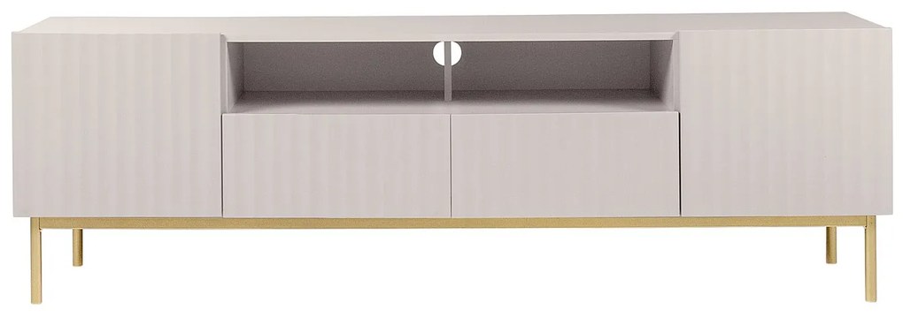 Szafka RTV z 2 drzwiczkami, 2 szufladami i 2 wnękami z MDF i stali - Beżowy i złoty - EVILANA