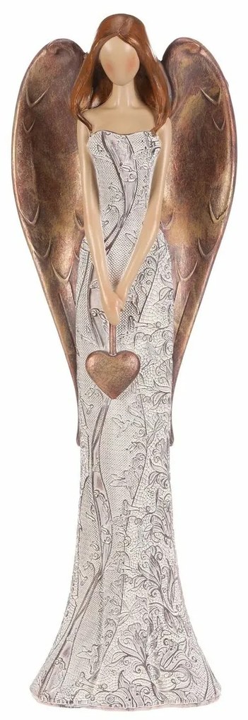 Anioł z poliresinu w sukni w kwiaty Powieszone serce, beżowo-miedziany