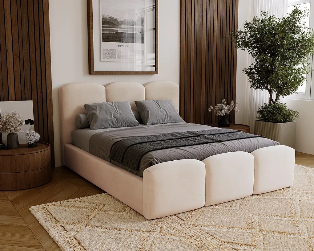 BESILIO Łóżko tapicerowane sypialniane 140x200 Camille - łóżko z pojemnikiem i stelażem drewnianym, - Beżowy