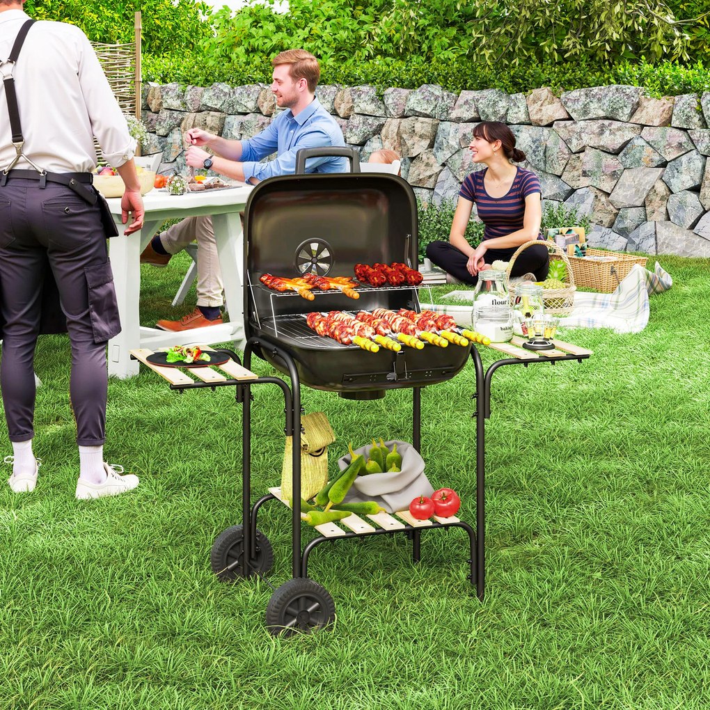 Outsunny Grill węglowy ze stali, przenośny, z zamykaną pokrywą, rusztem, kółkami i półkami, 98 x 54 x 91 cm, czarny | Aosom PL
