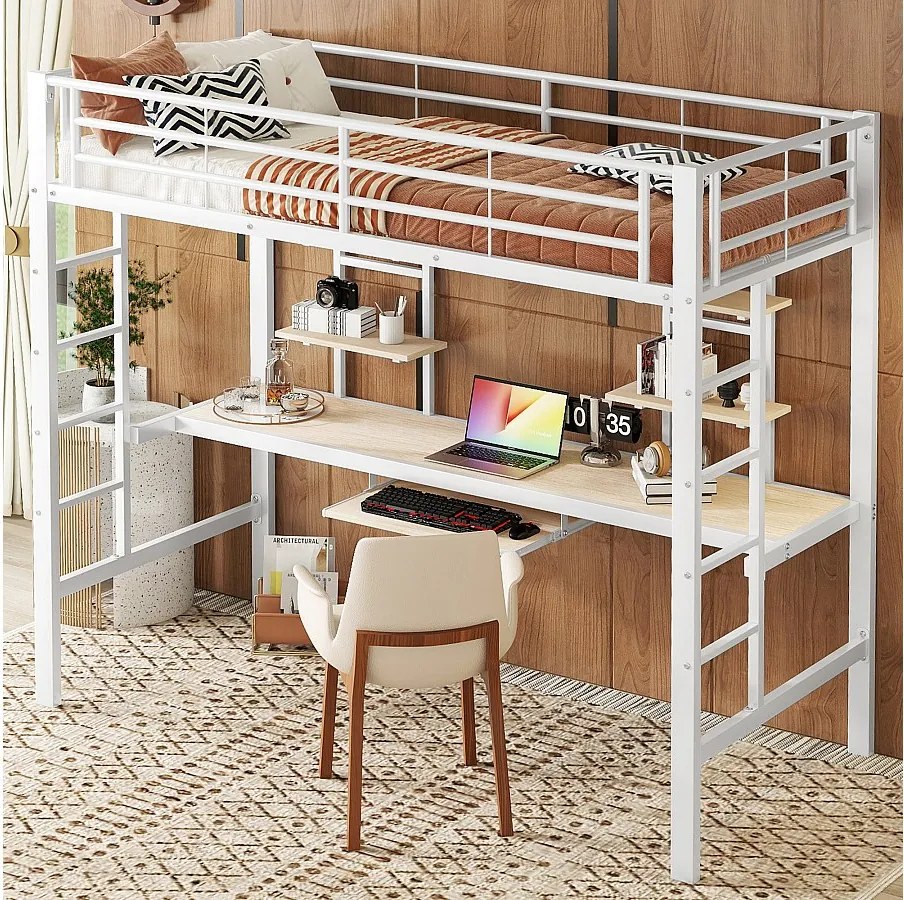 Łóżko antresolowe 90 x 200 cm - Łóżko dla dzieci z biurkiem i dwiema półkami - białe - bez materaca