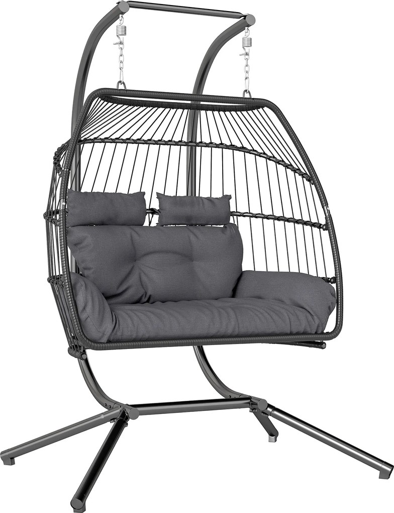 Outsunny Fotel Wiszący z Rattanu, Składana Konstrukcja z Poduszką, Stelaż Stalowy, Do Wewnątrz i Na Zewnątrz, Do 260 kg, Ciemnoszary