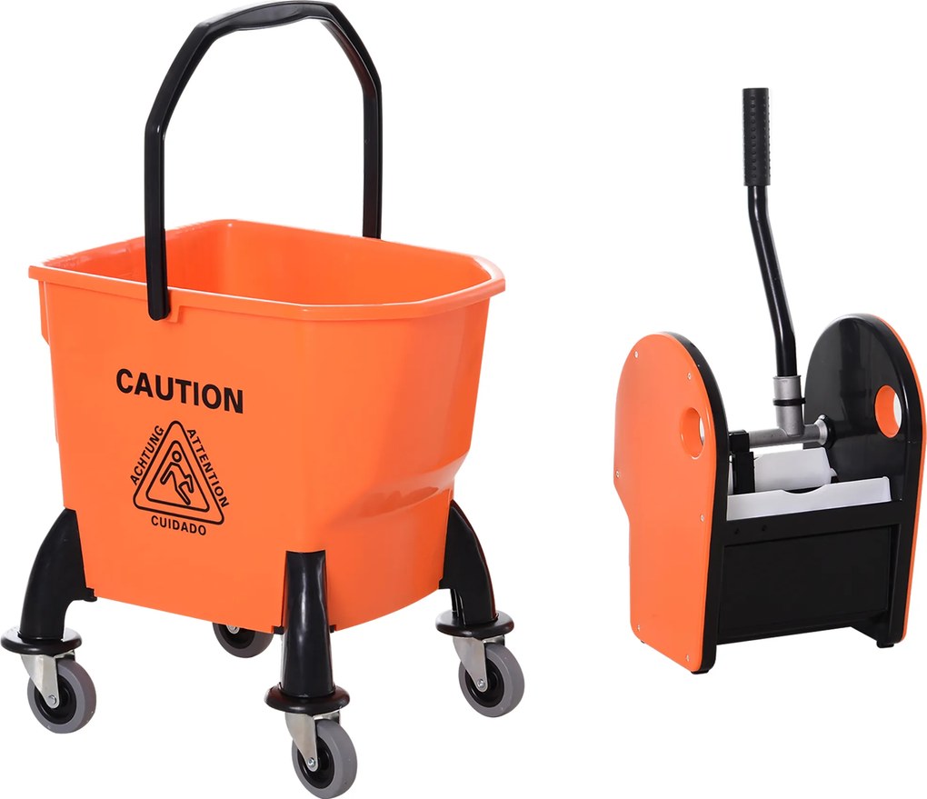 HOMCOM Mobilny Wiadro do Mopa z Wyciskarką, 26 L, Tworzywo Sztuczne, Kolor Pomarańczowy