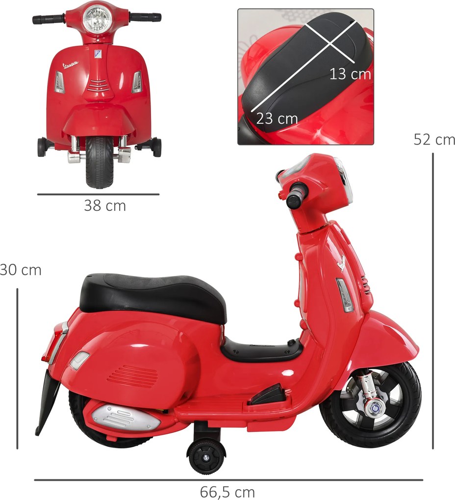 VESPA Elektryczny Motocykl Dla Dzieci Pojazd Elektryczny 3-6 Lat Czerwony Bezpieczna Przygoda | Aosom PL