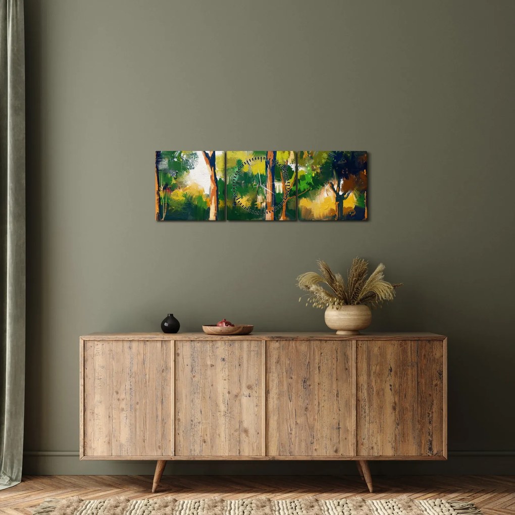 Obraz lasu w letnim słońcu, malarstwo (z zegarem) (90x30 cm)