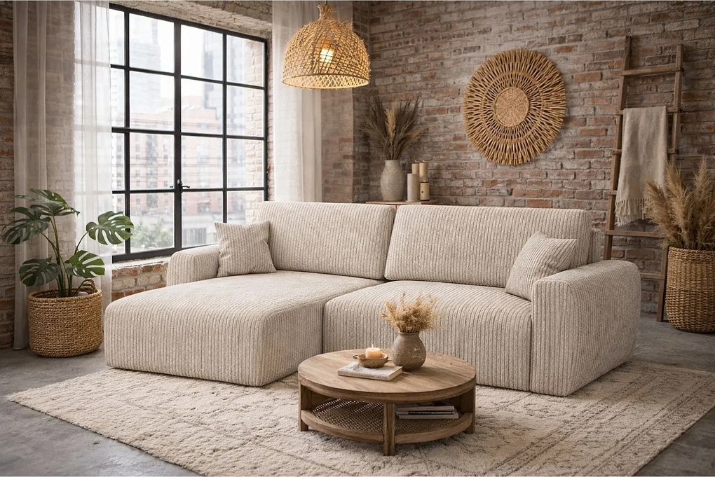 Narożnik z funkcją spania i pojemnikiem Ariel XL, tkanina sztruksowa Poso, Ciemnobeżowy, Lewy