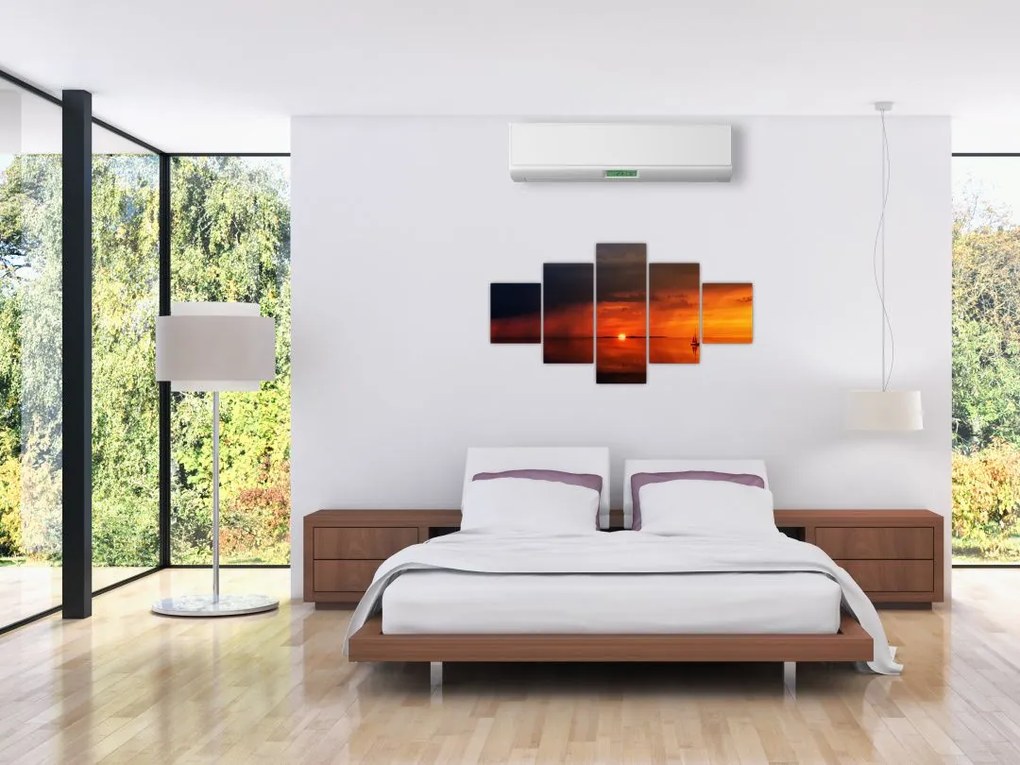 Obraz zachodu słońca z żaglówką (125x70 cm)