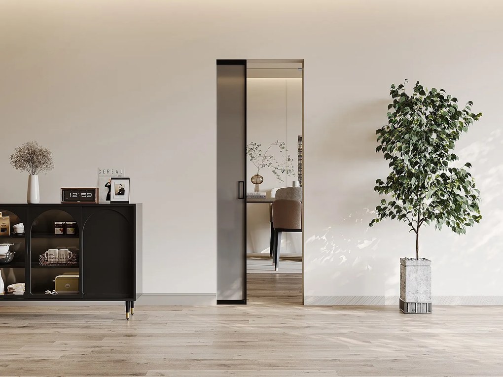 Drzwi przesuwne chowane w ścianie - aluminium i dymione szkło hartowane - wys. 205 x szer. 73 cm - LINCI II