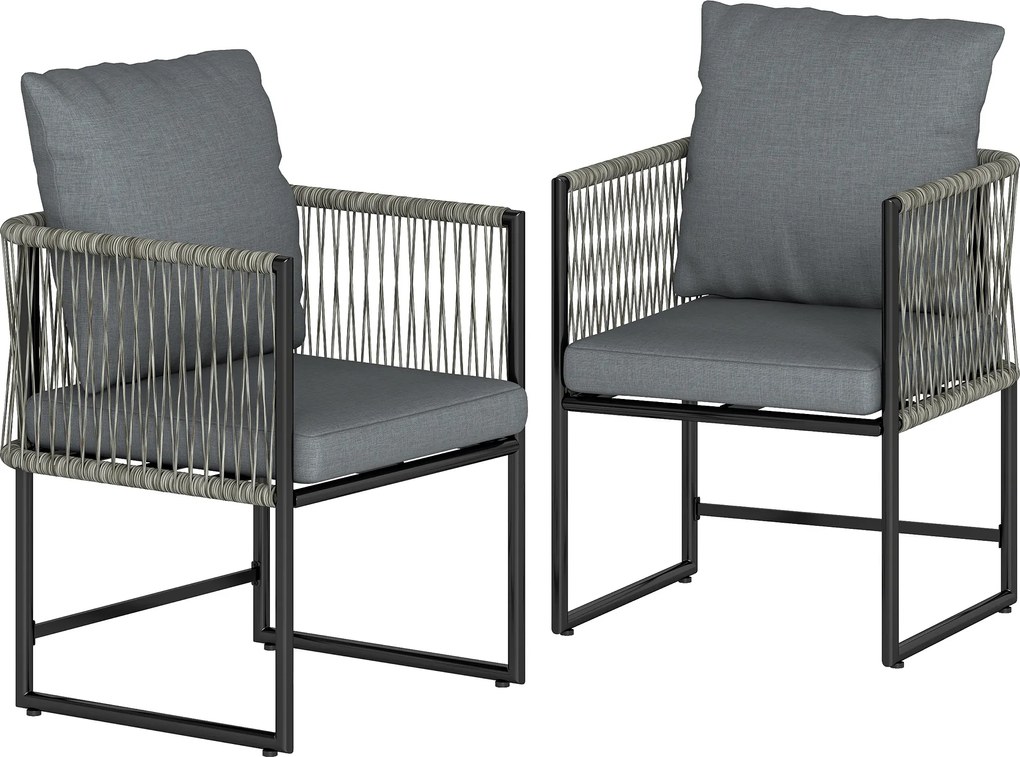 Outsunny Zestaw 2 Krzeseł Ogrodowych z PE-Rattanu i Stali z Poduszkami, Oparciem i Podłokietnikami, 52x52x66 cm, Ciemnoszare | Aosom PL