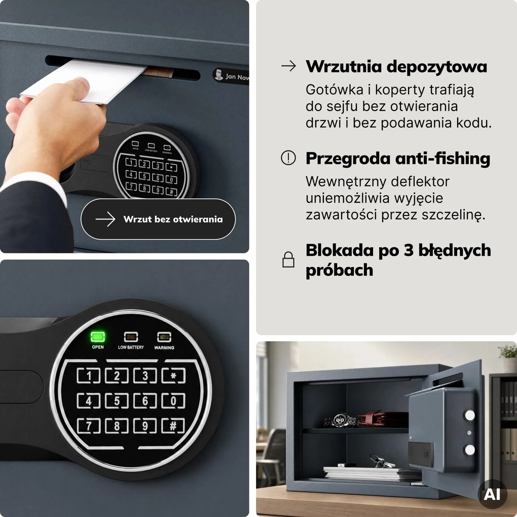 Mały sejf wrzutowy na kod, elektroniczny, na utarg i koperty, 350x250x250 mm: PIERCE