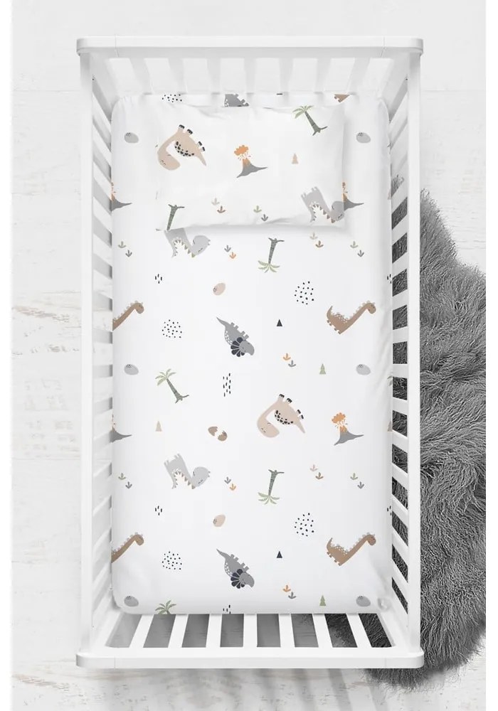 Białe prześcieradło dziecięce do łóżeczka z bawełny renforcé 100x150 cm Dinozor – Mijolnir