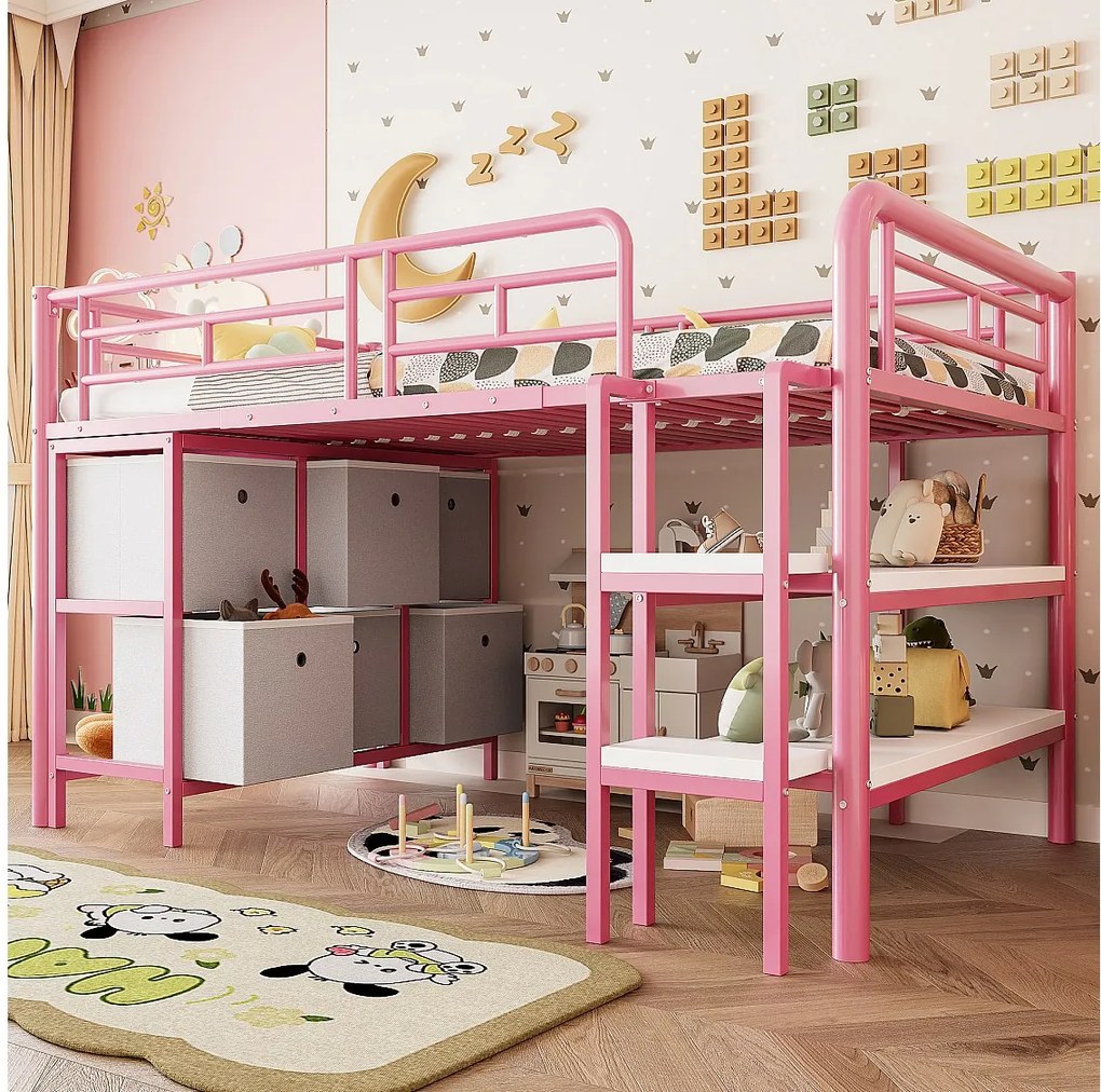 Łóżko piętrowe metalowe dla dzieci - 90 x 200 cm - z szerokimi schodami + szuflady + półki - metalowe - różowe