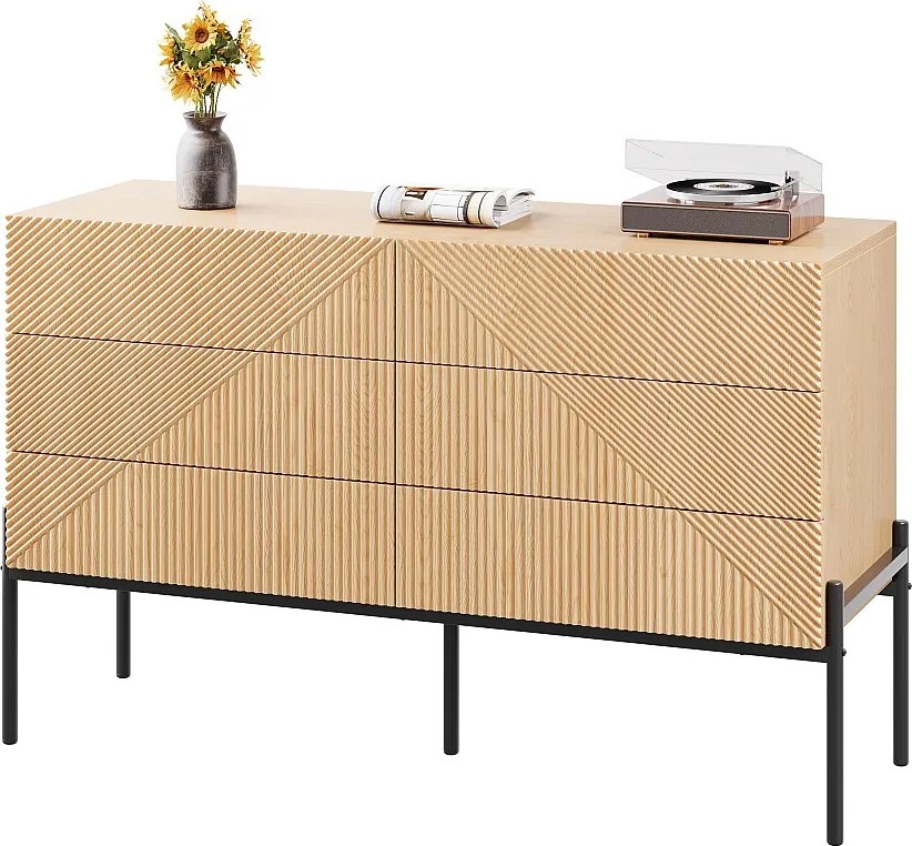 Nowoczesna komoda 3D o fakturze 3D - 115,5 x 38 x 75 cm - z sześcioma szufladami - do salonu i jadalni - MDF - kolor jasny naturalny