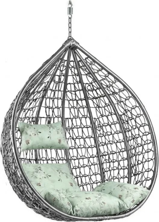 Szare wiszące krzesło KOKON bez stojaka, jasny zielony poduszka ze wzorem