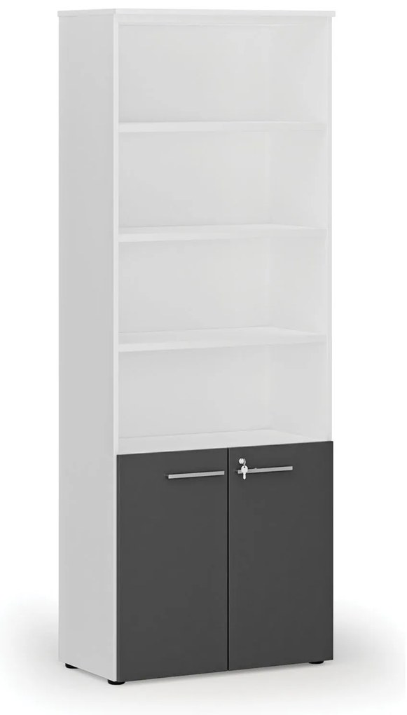 Szafa biurowa kombinowana PRIMA WHITE, drzwi na 2 poziomach, 800 x 420 x 2128 mm, biały/grafit