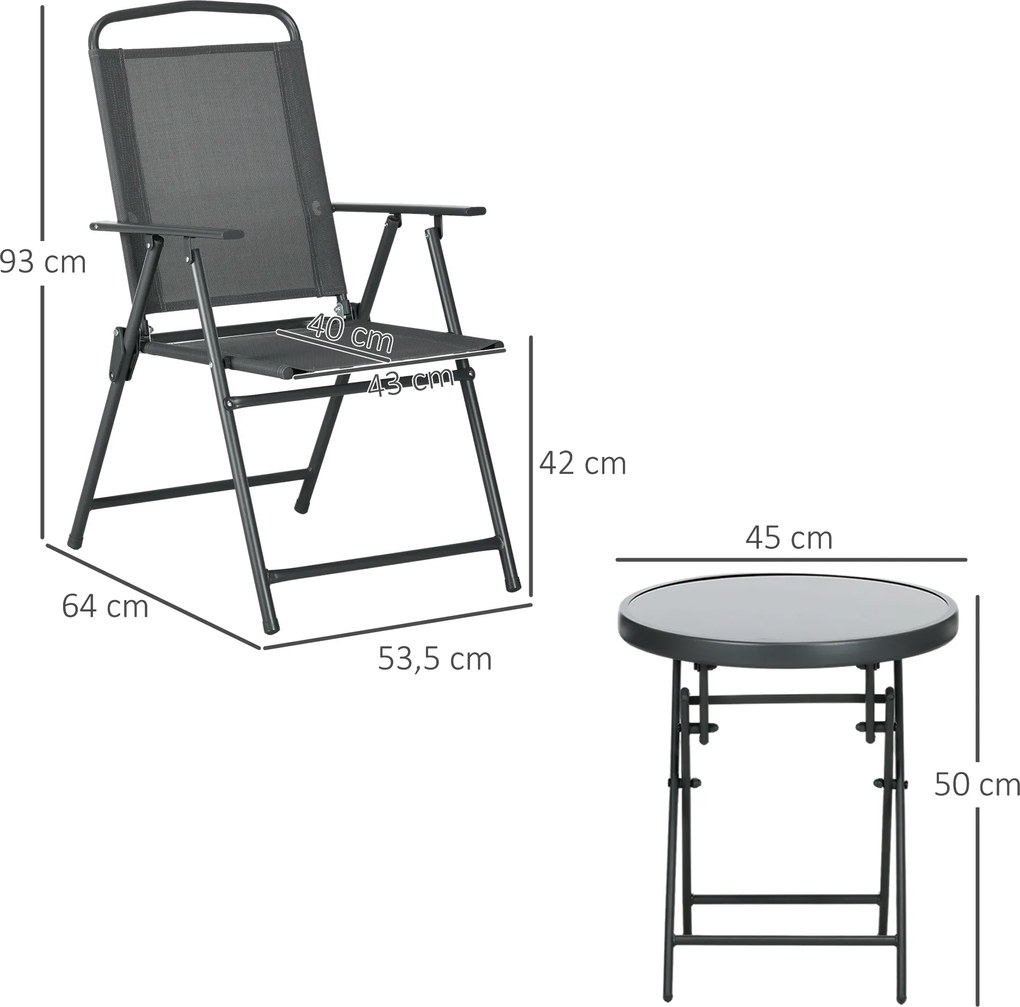 Outsunny Zestaw bistro 3-częściowy z metalu Odporny na warunki pogodowe Zestaw mebli ogrodowych ze składanym stolikiem i krzesłami Ciemnoszary