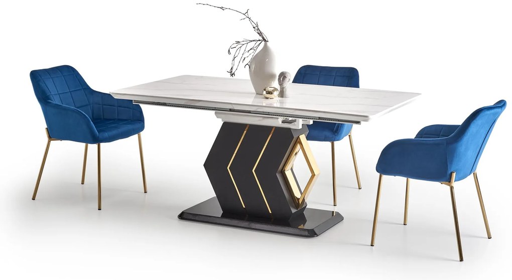 VINCENZO stół rozkładany 130-180/130/76 cm blat: biały marmur, noga czarny złoty