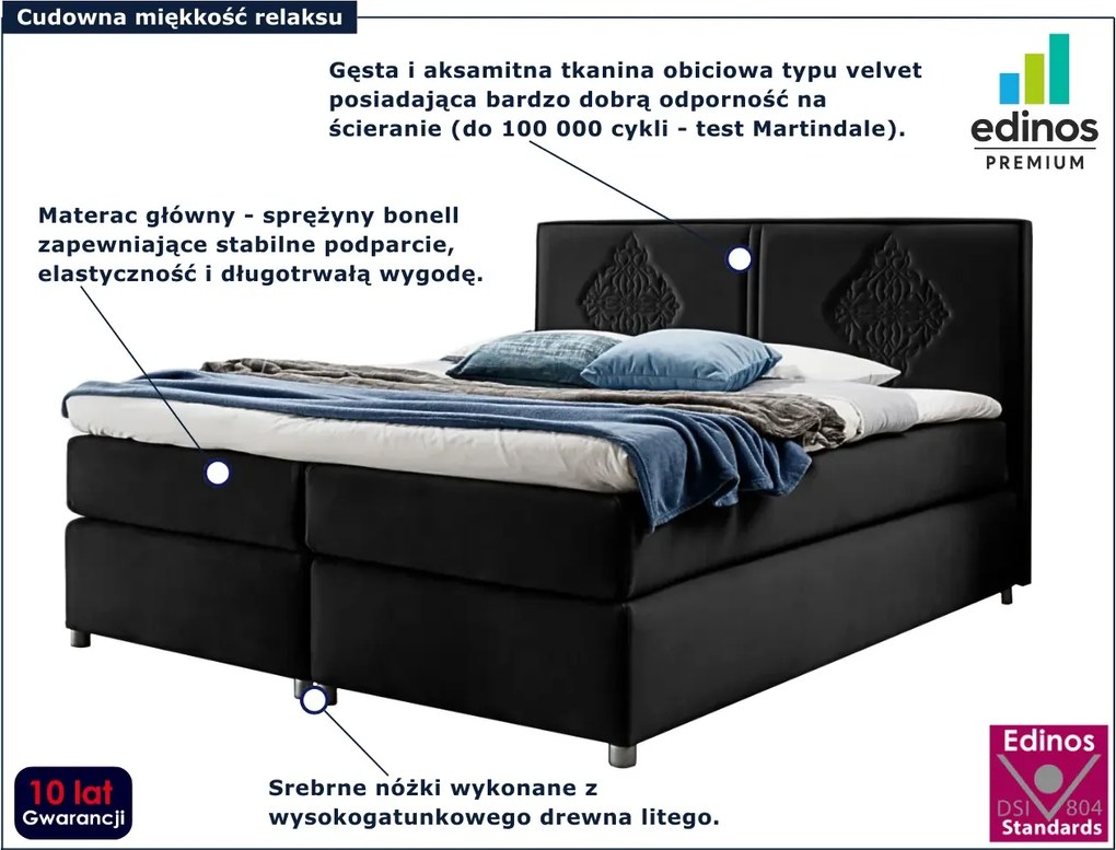 Czarne welurowe łóżko kontynentalne z zagłówkiem 5 rozmiarów W2-G12